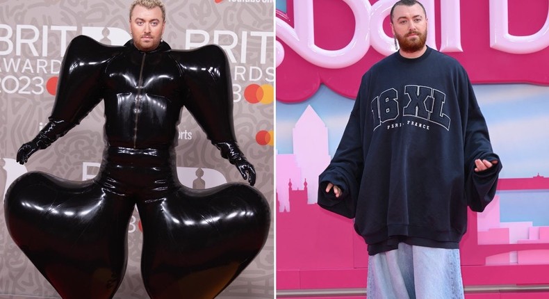 Sam Smith at the 2023 Brit Awards on February 11 (L), and at the London premiere of Barbie on July 12 (R).Jo Hale/Redferns, Karwai Tang/WireImage