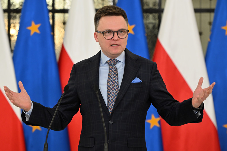 Marszałek Sejmu Szymon Hołownia na konferencji prasowej w Sejmie (24.01.2024)
