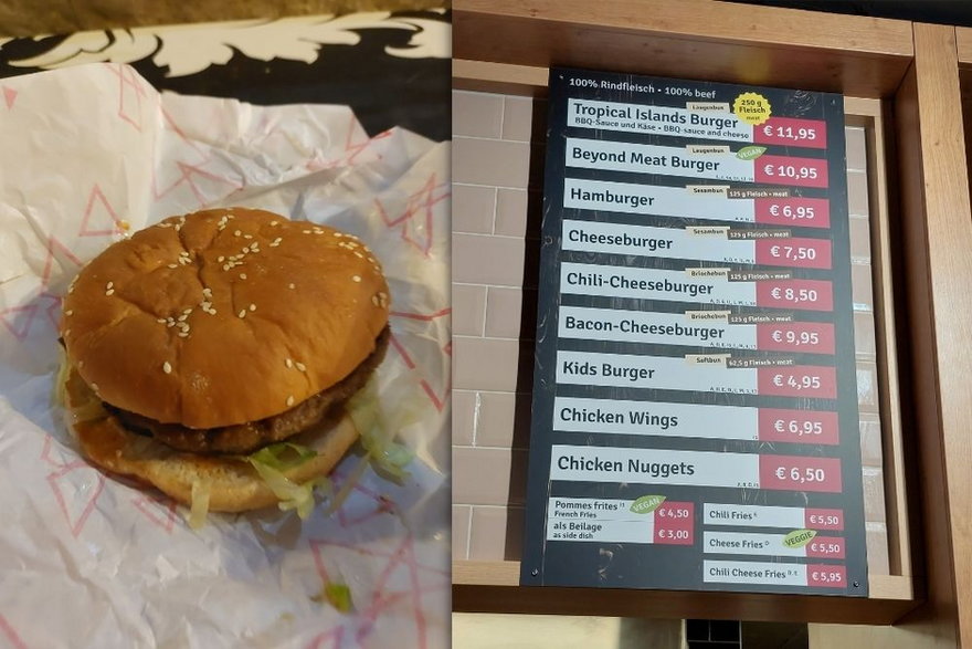 Cheesburger w restauracji typu fast food i przykładowy cennik