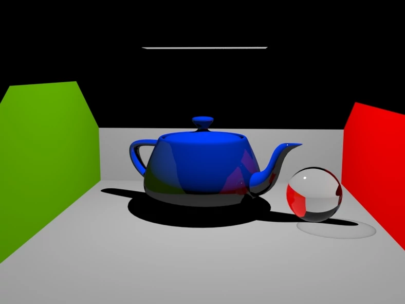 Dla szybkiego porównania przedstawiam dwie sceny. W jednej wykorzystano oświetlenie globalne i raytracing (po lewej), w drugiej wykorzystano oświetlenie lokalne (ten rodzaj oświetlenia jest stosowany głównie w grach komputerowych). W razie użycia oświetlenia lokalnego nie są liczone odbicia promieni światła od otoczenia