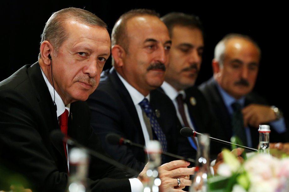 Turkish President Recep Tayyip Erdogan, left, listening to remarks by US President Barack Obama after a bilateral meeting alongside the G-20 Summit, in Hangzhou, China, on September 4.