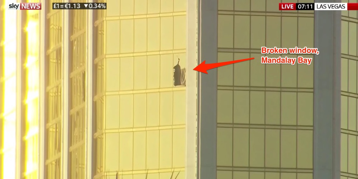 A broken window on a high floor of the Mandalay Bay Resort and Casino, broadcast by Sky News.