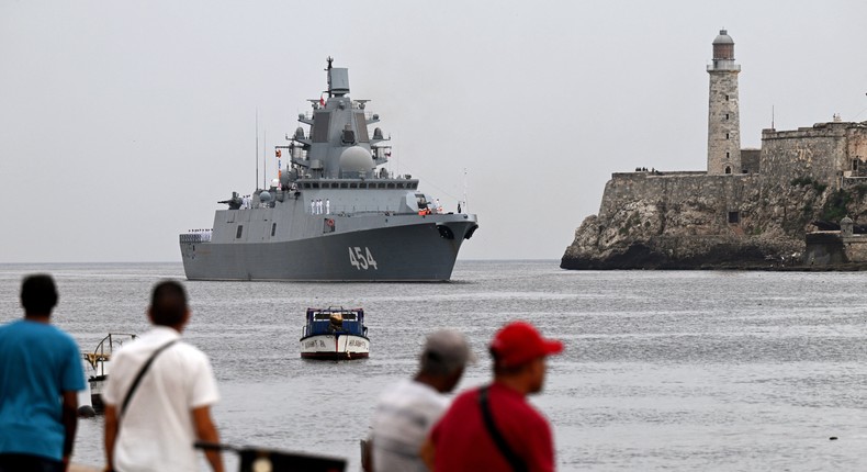 People look at the class frigate Admiral Gorshkov, part of the Russian naval detachment visiting Cuba, arriving at Havana's harbour, June 12, 2024.YAMIL LAGE/AFP via Getty Images