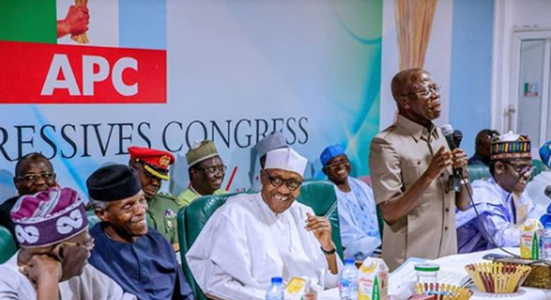 APC National Leader, Bola Tinubu, Vice President Yemi Osinbajo, President Muhammadu Buhari, APC National Chairman, Adams Oshiomhole at the national caucus of the party. (Instagram/Punch)