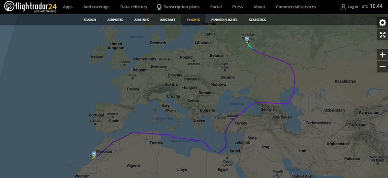 Mapa przelotu rosyjskiego samolotu z Agadiru do Moskwy w dniu 6 marca 2022 r.