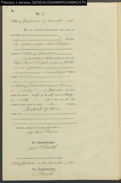 Akt urodzenia z 1888, Grudziądz.