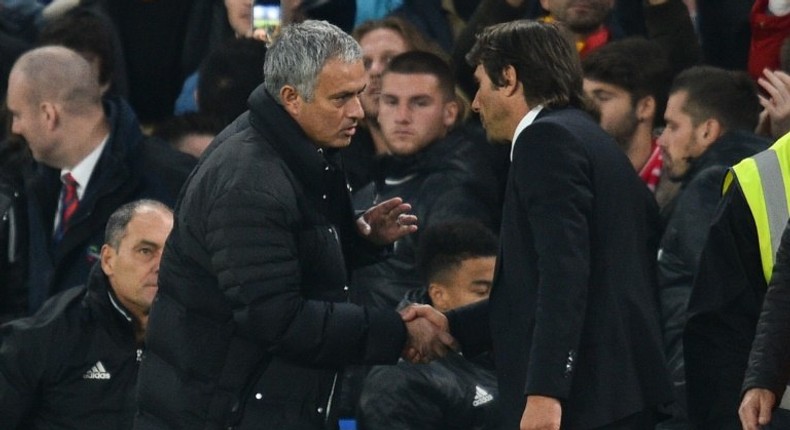 Manchester United's manager Jose Mourinho (L) shakes hands with Chelsea's head coach Antonio Conte after the final whistle at Stamford Bridge in London on October 23, 2016