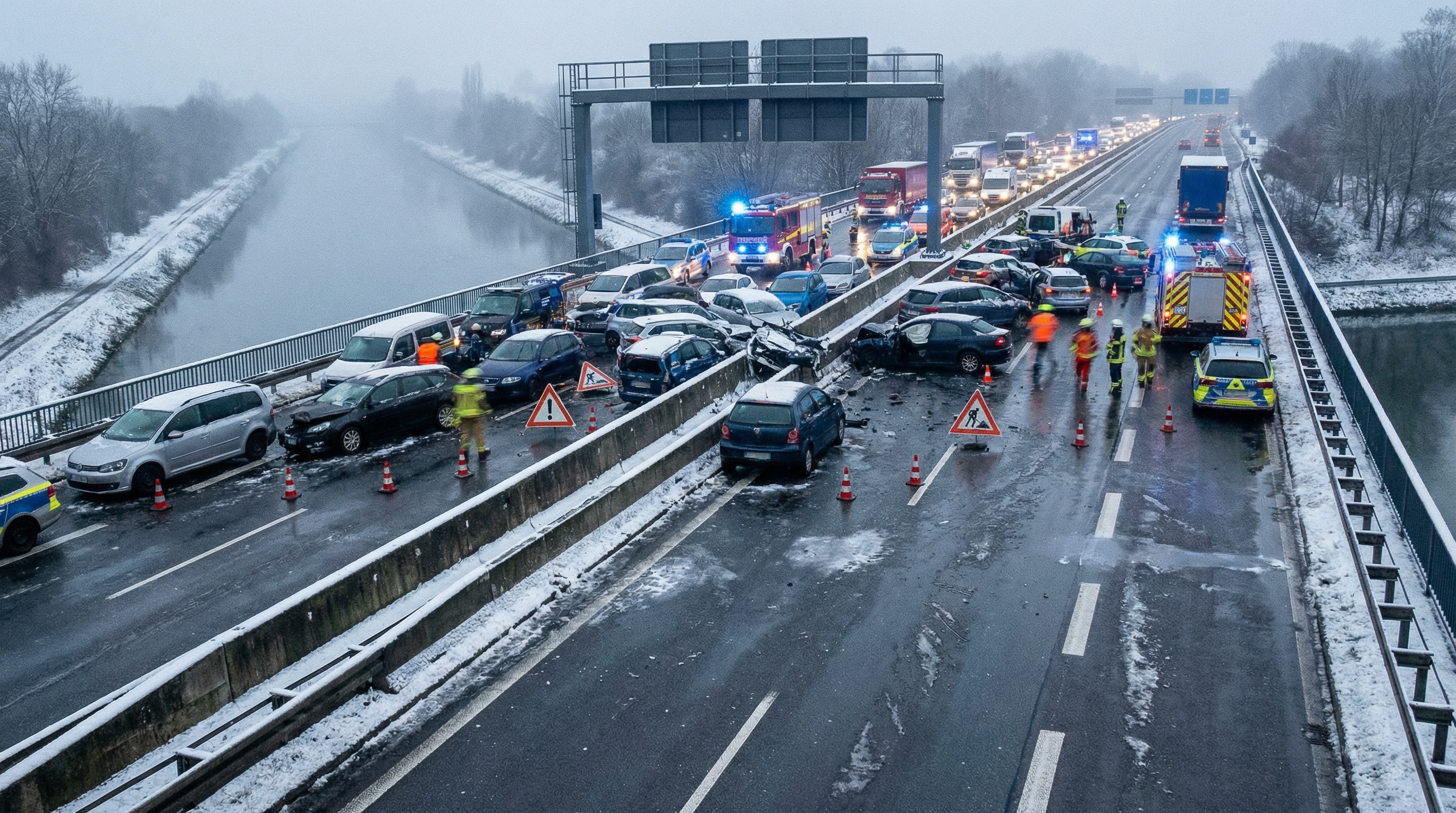 Extreme Glätte auf A42: 26 Autos krachen ineinander – 25 Verletzte