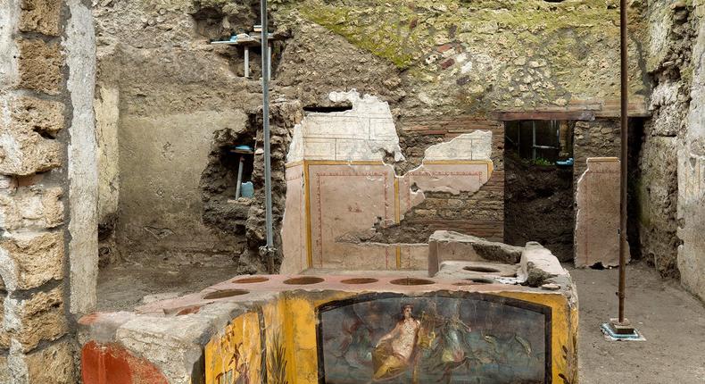 A fresco on an ancient counter depicting a nymph riding a horse uncovered during excavations in Pompeii, Italy.
