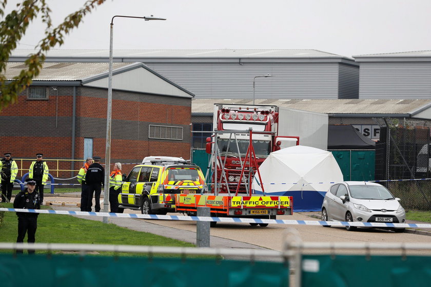 The scene where bodies were discovered in a lorry container, in Grays, Essex