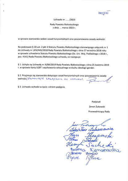Projekt uchwały w sprawie stanowiska radnych powiatu białostockiego