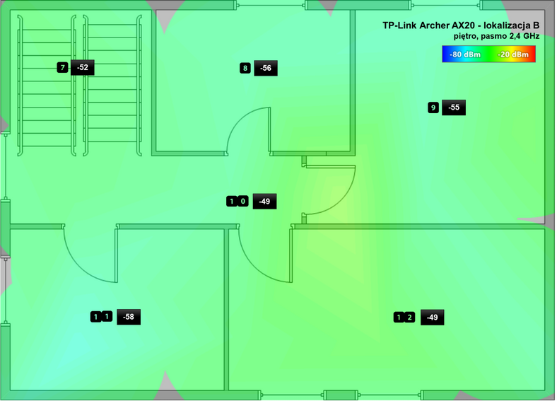 TP-Link Archer AX20: zasięg w domu testowym, piętro, sieć 2,4 GHz