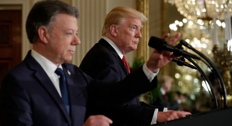 President Donald Trump and Colombian President Juan Manuel Santos speak during a joint news conference at the White House in Washington, May 18, 2017.