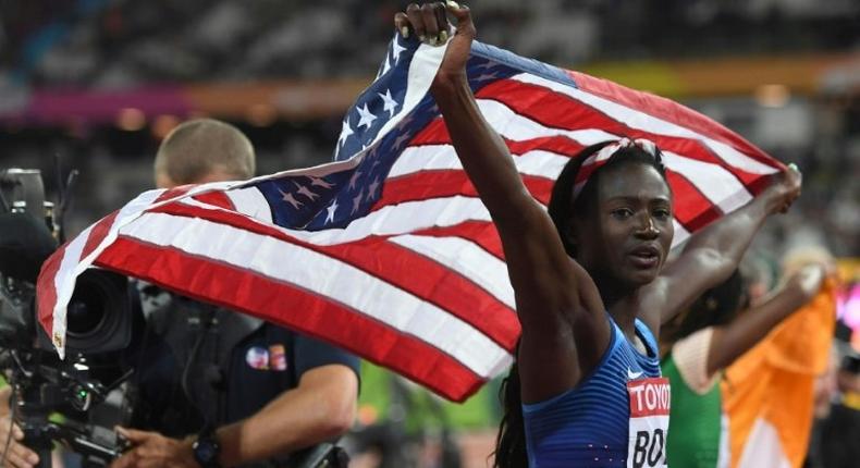 US athlete Tori Bowie celebrates gold after the final of the women's 100m at the 2017 IAAF World Championships in London on August 6, 2017