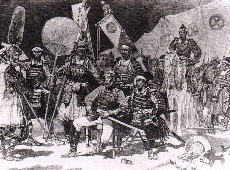 Saigō (w zachodnim mundurze, siedzi) ze swoimi oficerami