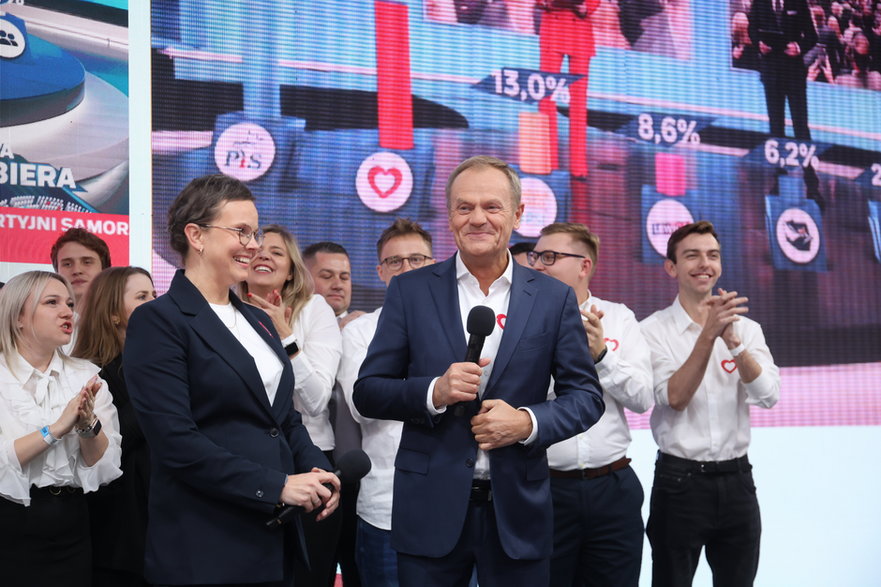 Wioletta Paprocka-Ślusarska i Donald Tusk podczas wieczoru wyborczego Koalicji Obywatelskiej