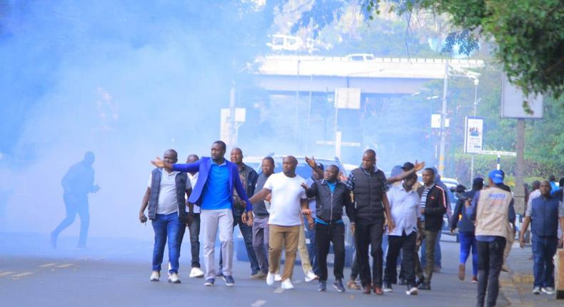 Nairobi Senator Edwin Sifuna (in blue T-Shirt and coat) and other demonstrators in Nairobi.