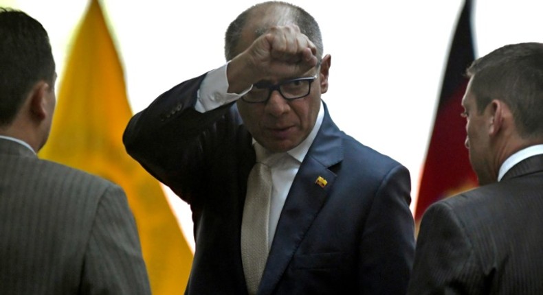 Ecuador's vice president Jorge Glas gestures on arrival at the National Court of Justice for his sentencing hearing, in Quito, Ecuador, on December 13, 2017