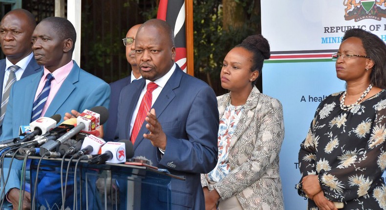 File image of Health CS Mutahi Kagwe at a past press briefing on Covid-19