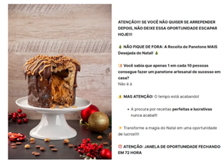 Primer lažne stranice za kupovinu recepta za božićni kolač na portugalskom jeziku