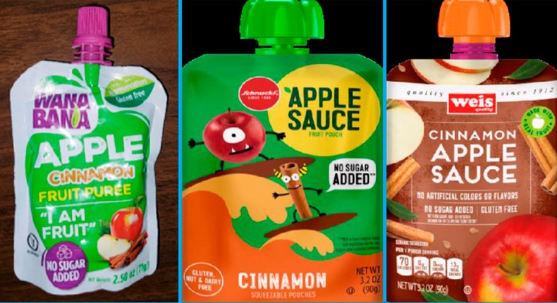 Three apple sauce products have been recalled: WanaBana apple cinnamon fruit puree pouches, Schnucks-brand cinnamon-flavored apple sauce pouches and variety pack, and Weis-brand cinnamon apple sauce pouches.FDA via AP, File