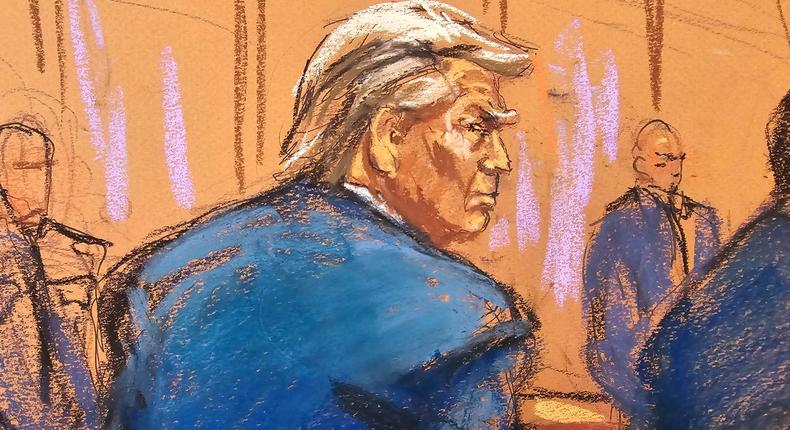 In this courtroom sketch former President Donald Trump enters the courtroom with his attorney Todd Blanche at the beginning of his hush-money trial.Jane Rosenberg/Pool Photo via AP