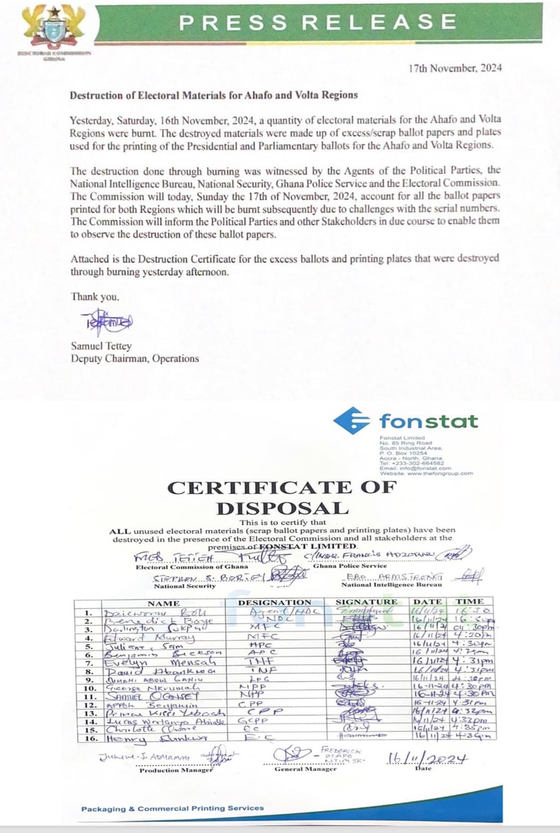 EC statement confirming destruction of excess ballot papers and printing plates for Ahafo and Volta