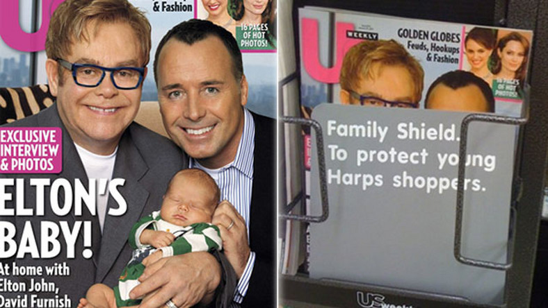 Kilka tygodni temu Elton John i jego partner David Furnish na okładkach "OK Magazine" i "US Weekly" pochwalili się swoim małym synkiem Zacharym. Jedna z amerykańskich sieci supermarketów ocenzurowała okładkę i wybuchł skandal.