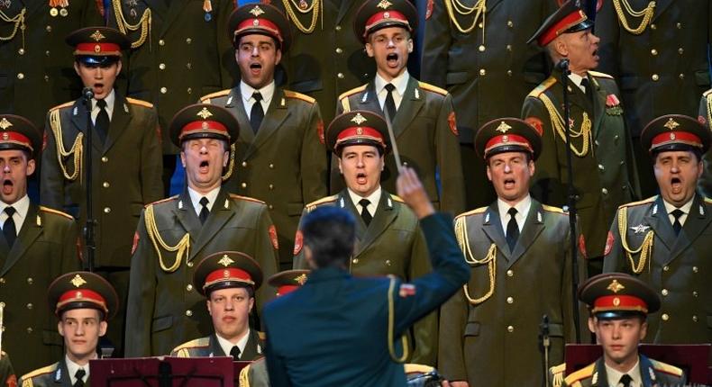 The Red Army Choir performs during their first concert since many of its members perished in a plane crash, in Moscow on February 16, 2017