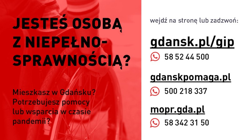 Wszystkim osobom z niepełnosprawnościami przypominamy, że w czasie pandemii w Gdańsku mogą liczyć na wsparcie w opiece, zakupach czy pomoc psychologiczną. Dodatkowe informacje pod numerami telefonów i na stronach internetowych.