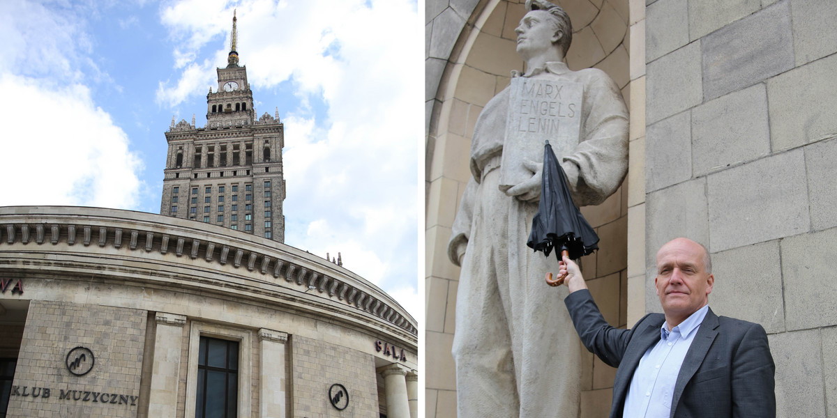 Radny Piotr Żbikowski domaga się usunięcia napisu z rzeźby znajdującej się w ścianie Sali Kongresowej.