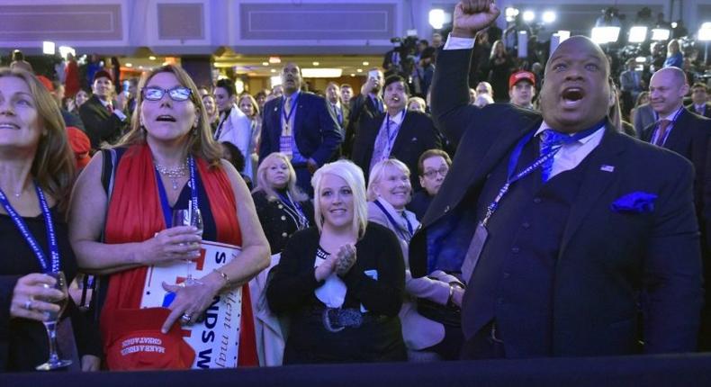 Supporters of Republican presidential nominee Donald Trump react to early results during election night at the New York Hilton Midtown in New York