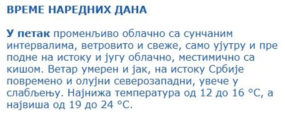 Vremenska prognoza za petak