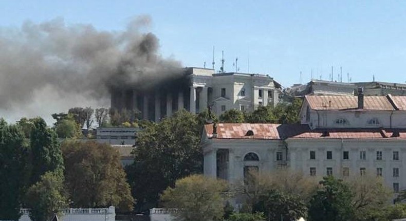 Photos and videos showed the Black Sea Fleet's headquarters up in flames after a devastating missile strike.Emergency Sevastopol/Telegram