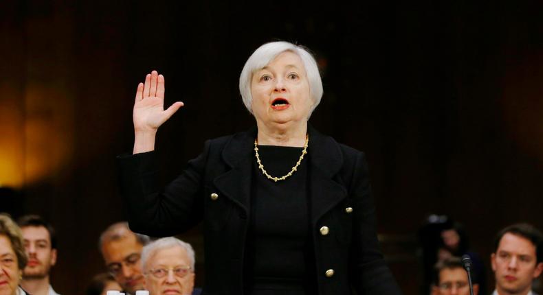 Janet Yellen being sworn in to testify at her US Senate Banking Committee confirmation hearing in 2013.