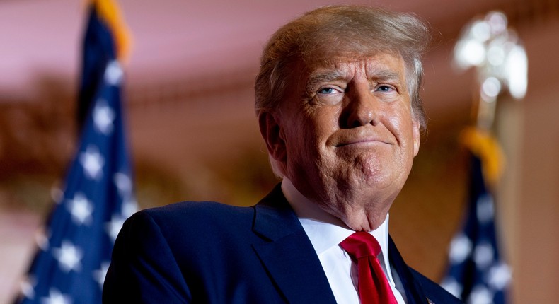 Former President Donald Trump announces he is running for president for the third time as he smiles while speaking at Mar-a-Lago in Palm Beach, Fla., Nov. 15, 2022.Andrew Harnik/Associated Press