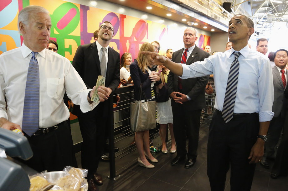 Obama turns down Biden's offer to buy his lunch at a sandwich shop near the White House in Washington, October 4, 2013.