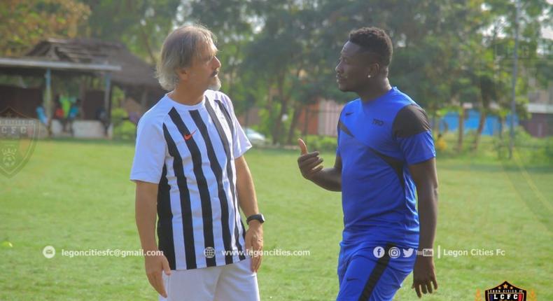 Asamoah Gyan and Legon Cities Head Coach, Goran Barjaktarevic.