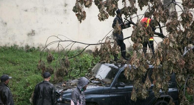 Malagasy firefighters work to remove a fallen tree from a car caused by tropical cyclone Enawo in Antananarivo, Madagascar, on March 8, 2017