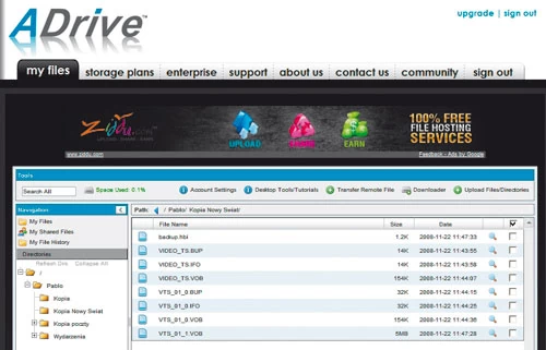 Po utworzeniu e-dysku w internecie na stronie WWW dostawcy usługi zobaczymy swoje konto i zgromadzone w nim pliki. Teraz możemy w łatwy sposób nimi zarządzać