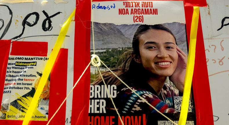 A poster of Noa Argamani in Hostage Square minutes after it was announced that she was rescued from Gaza on June 8, 2024.Alexi Rosenfeld/Getty Images