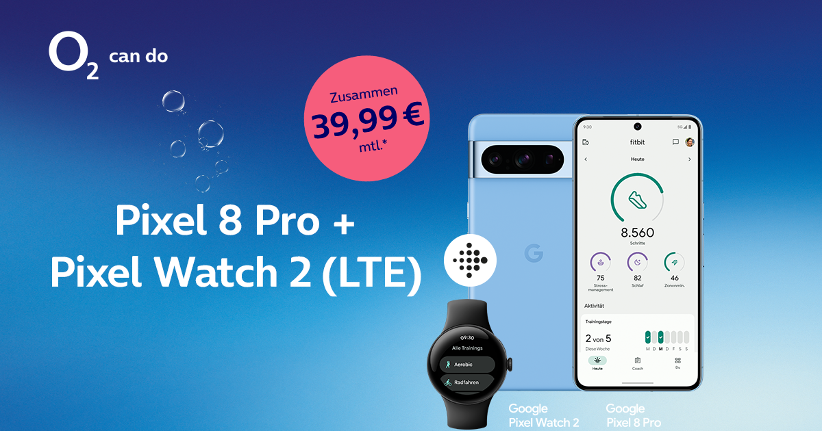 Fiyat çekici: O2'de 1 euro depozito karşılığında Google Pixel 8 Pro ve Pixel Watch 2 LTE