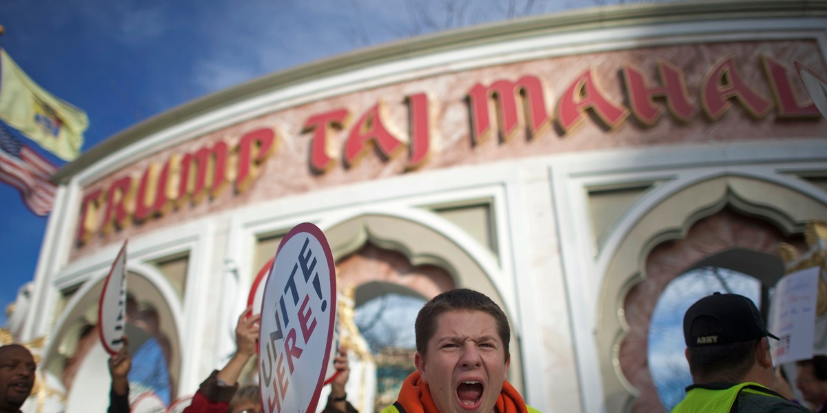 Union members outside the Trump Taj Mahal Casino in Atlantic City, New Jersey, in October 2014.