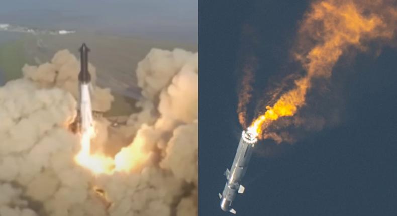 Two images from Starship's first fully integrated launch in April show the rocket taking off then tumbling out of control before blowing upSpaceX; Jonathan Newton/The Washington Post via Getty Images; Insider