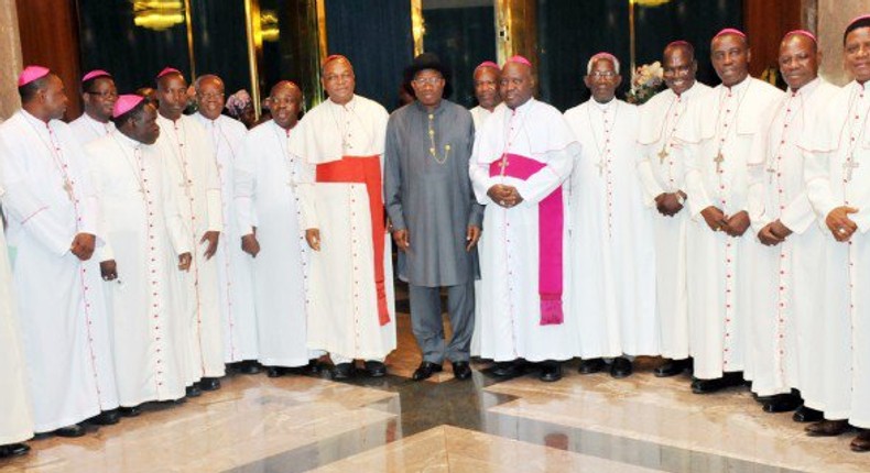 President Goodluck Jonathan with members of the Catholic Bishop Conference of Nigeria (CBCN) during their visit to the Presidential Villa in Abuja on Thursday