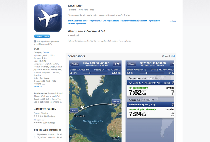 <b>FlightRadar</b>
<br><br>
Bardzo przydatna aplikacja dla osób, które często podróżują samolotem. Informuje nas o odlotach, opóźnieniach, numerach bramek i innych informacjach związanych z naszym lotem - wszystko w czasie rzeczywistym. Jeśli nasz lot zostanie odwołany - FlightRad odnajdzie dla nas alternatywne połączenie.
