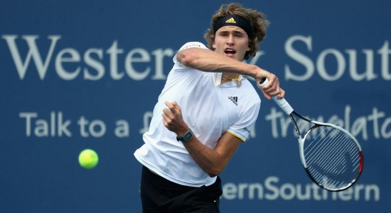 Alexander Zverev of Germany returns a shot to Frances Tiafoe during Day 5 of the Western & Southern Open at the Linder Family Tennis Center on August 16, 2017 in Mason, Ohio