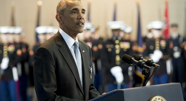 US President Barack Obama speaks during the Armed Forces Full Honor Review Farewell Ceremony for Obama at Joint Base Myers-Henderson Hall in Arlington, Virginia, on January 4, 2017