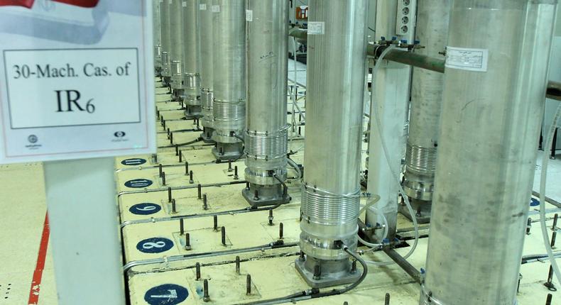 This file photo released Nov. 5, 2019, by the Atomic Energy Organization of Iran, shows centrifuge machines in the Natanz uranium enrichment facility in central Iran. The facility lost power Sunday, April 11, 2021, just hours after starting up new advanced centrifuges capable of enriching uranium faster, the latest incident to strike the site amid negotiations over the tattered atomic accord with world powers. Iran on Sunday described the blackout an act of nuclear terrorism, raising regional tensions.
