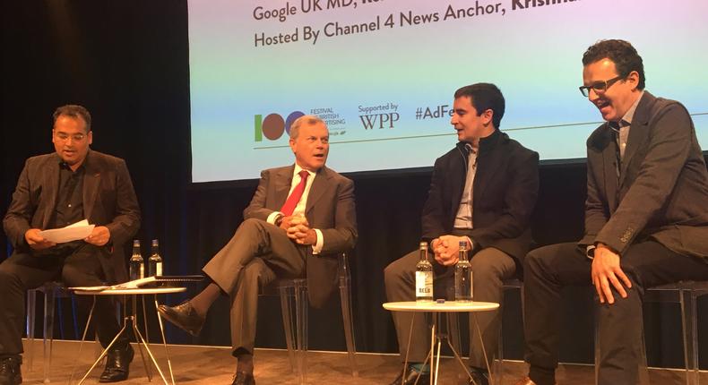 (L-R) Channel 4 News anchor Krishnan Guru-Murthy; WPP CEO Martin Sorrell; Google UK managing director Ronan Harris; Channel 4 CEO David Abraham at the IPA's Festival of British Advertising in London.